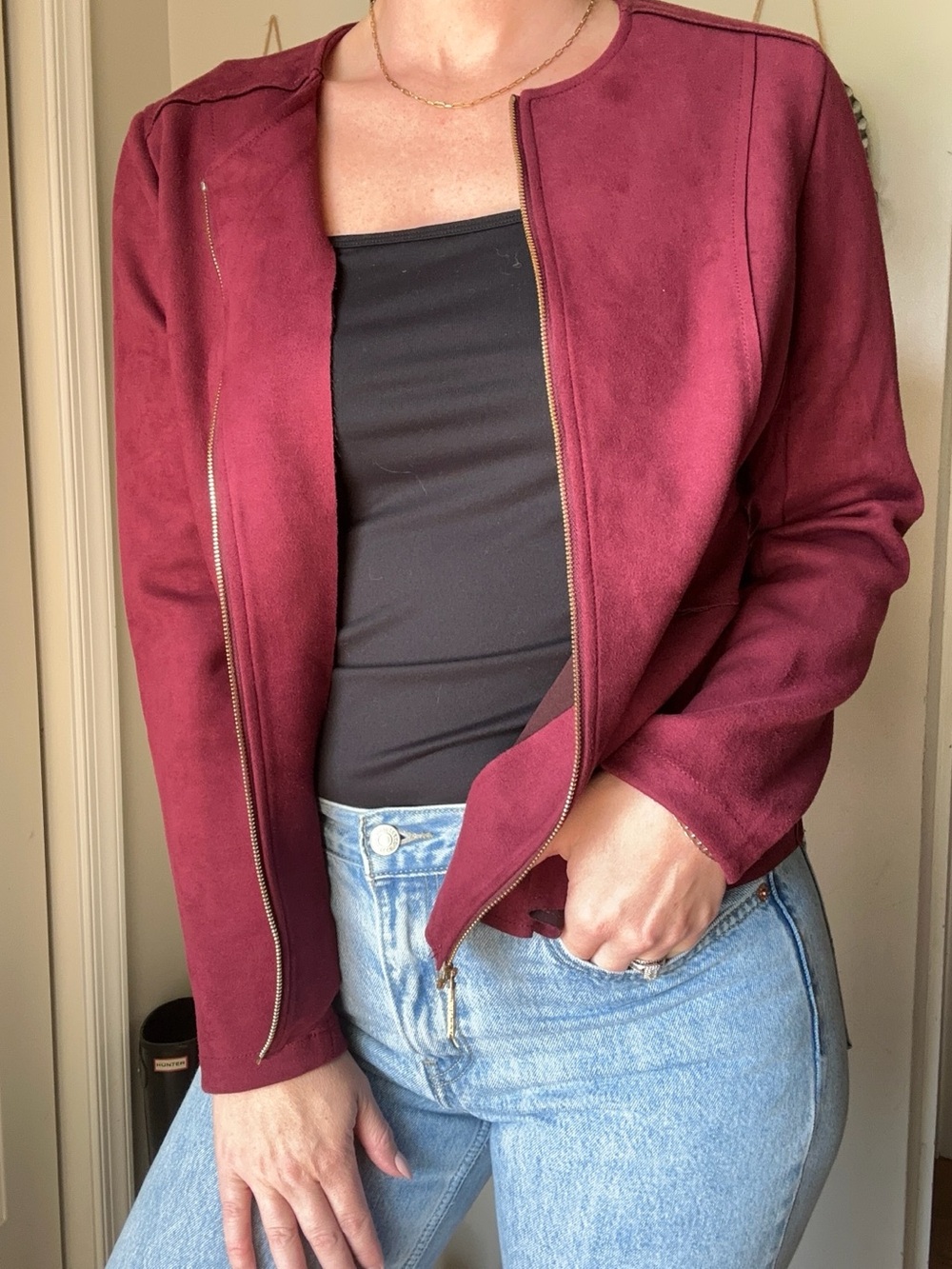 Ivanka Trump Burgundy Open-Front Faux Suede Jacket